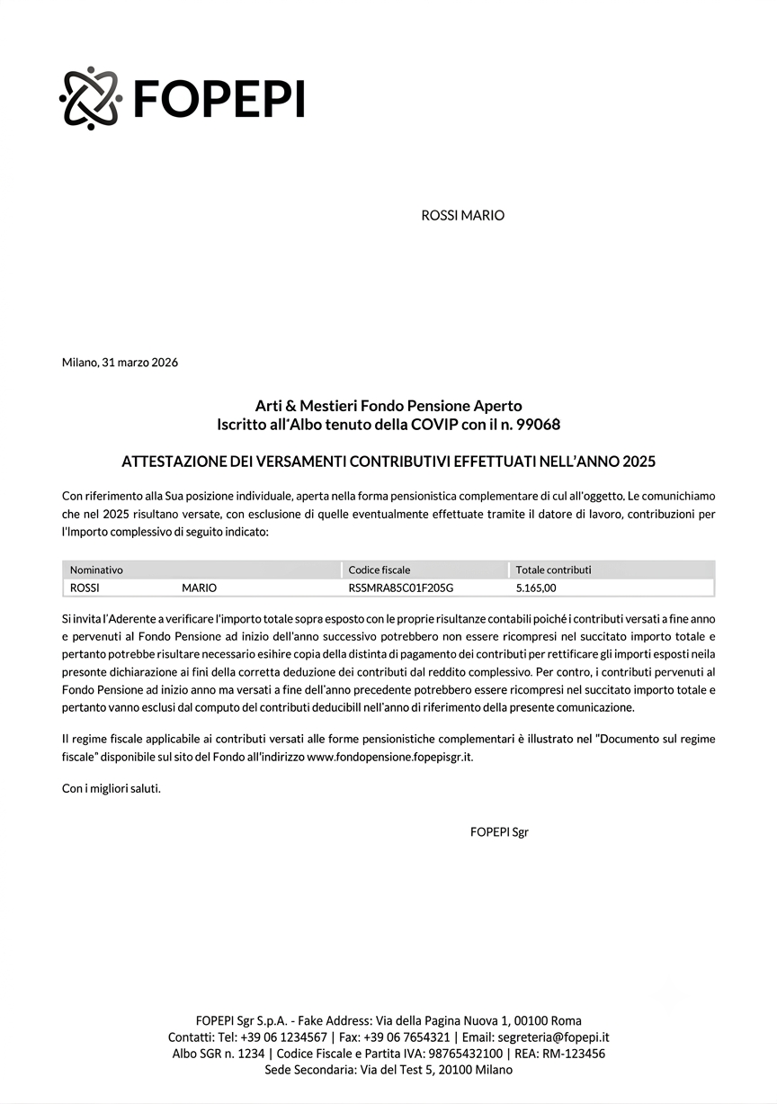 Attestazione del versamento al fondo pensione inviata dal cliente