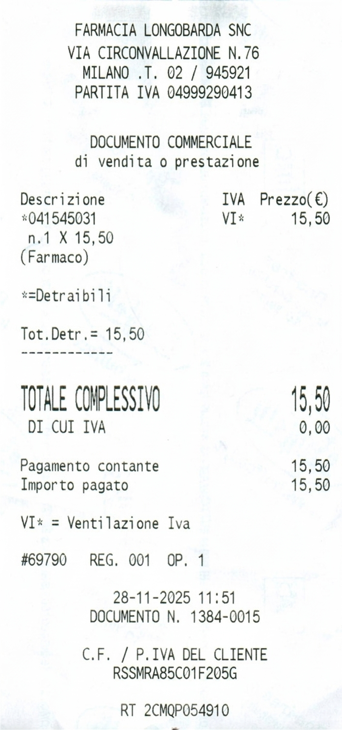 Ricevuta della farmacia acquisita da TaxWiz